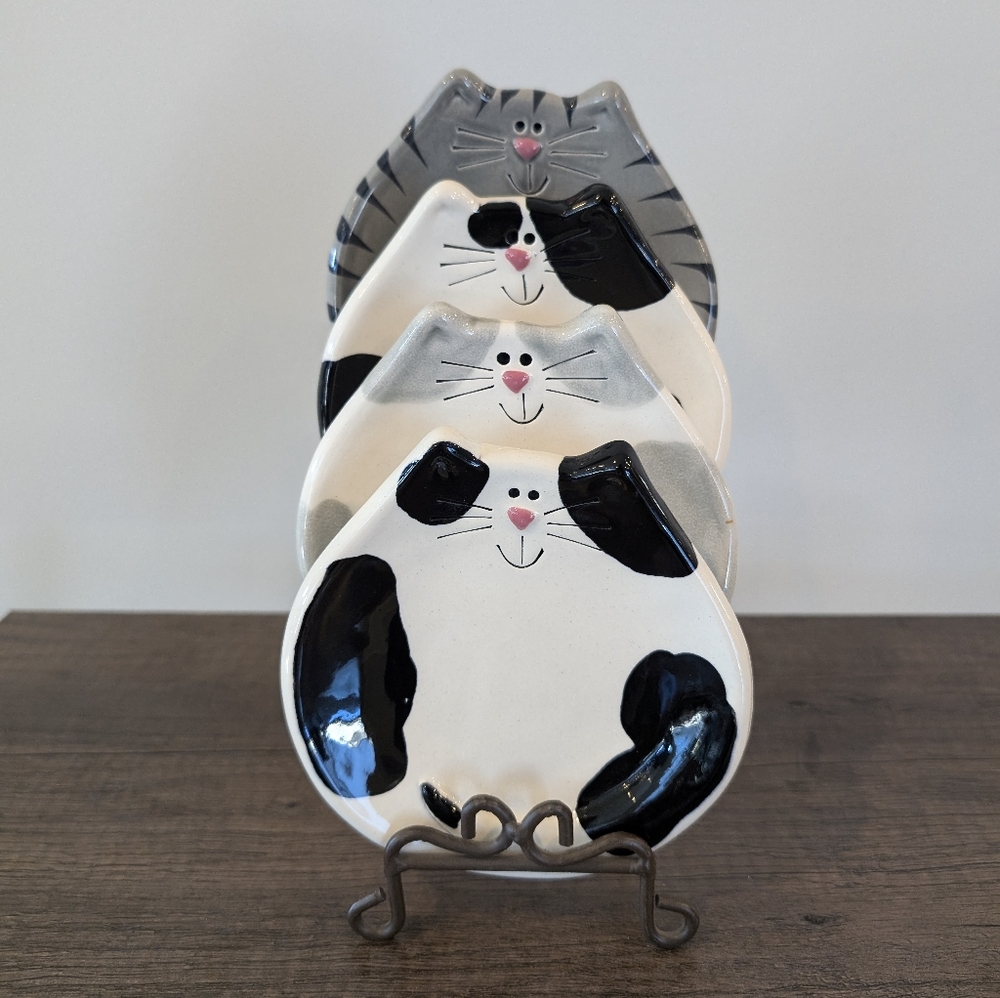 Ceramic Cat Plates or Spoon Rests with Stand